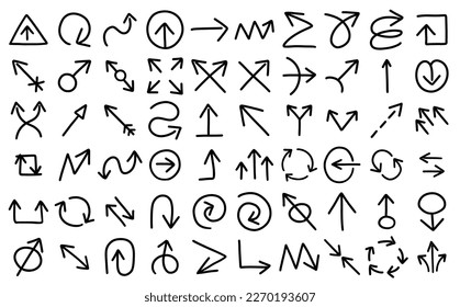 Arrows icons set contour line. Vector hand drawn contour line.
