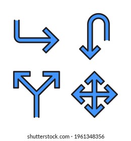 Pfeilsymbole gesetzt (Fülllinie) = Nach unten links, nach unten rechts, minimieren, nach unten. Perfekt für mobile App-Anwendungen, App-Icons, Präsentationen, Illustrationen und andere Projekte.