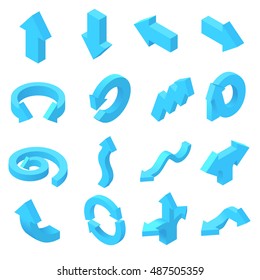 Arrows icons set in isometric 3d style. Blue pointers set collection vector illustration