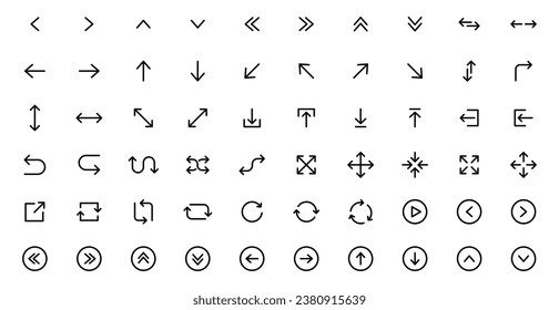 Arrows icons set. Line arrows. Vector arrows of various shapes and directions. Arrow for interface website and app.