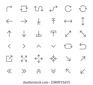 Arrows icons set. Line arrows. Vector arrows of various shapes and directions. Arrow for interface website and app. Editable stroke.