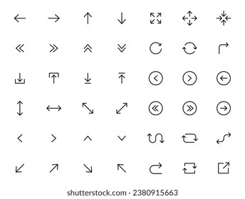 Arrows icons set. Line arrows. Vector arrows of various shapes and directions. Arrow for interface website and app.