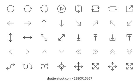 Filas de iconos ajustadas. Flechas de línea. Flechas vectoriales de varias formas y direcciones. Flecha para el sitio web de la interfaz y la aplicación. Trazo editable.