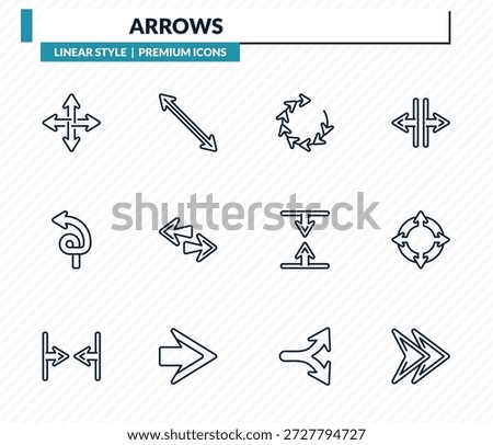 arrows icons set - move, diagonal arrow, loading arrows, zoom directions, fast forward outline vector collection.