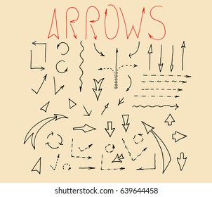 Arrows icons set on creme background. arrows set, hand drawn, sketched style. Vector illustration.