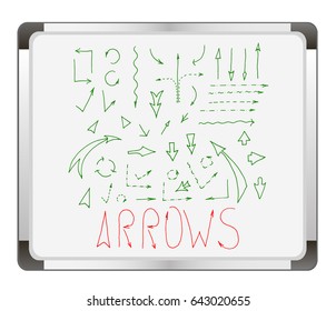 Arrows icons set on flip chart background. arrows set, hand drawn, sketched style. Vector illustration.