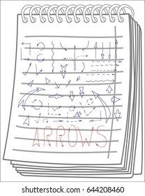 Arrows icons set on notebook background. arrows set, hand drawn, sketched style. Vector illustration.