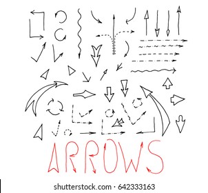 Arrows icons set on white background. arrows set, hand drawn, sketched style. Vector illustration.