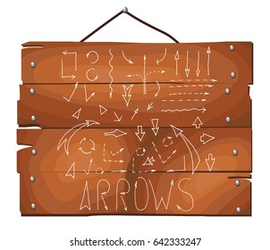 Arrows icons set on wooden plank background. arrows set, hand drawn, sketched style. Vector illustration.