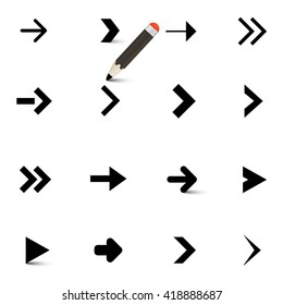 Arrows Icons Set with Pencil Isolated on White Background