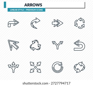 Conjunto de iconos de flechas: flecha derecha curva, curva derecha, siguiente, retorno, colección de Vector de contorno de flecha Deshacer.