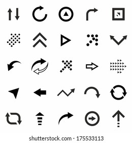 Arrows Icons Set: right, right, left. up, down, around, pixel, back and forth, pointer, navigation. Vector Illustration