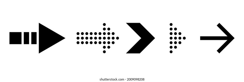 Arrows icons. Simple black arrow on white background. Pointer right direction. Click next template in flat style. Motion icon for web, app, presentation. Vector illustration.