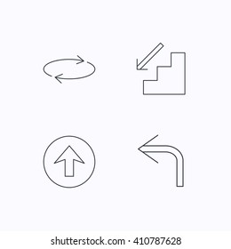 Arrows icons. Upload, repeat and shuffle linear signs. Turn left, downstairs arrow flat line icons. Flat linear icons on white background. Vector