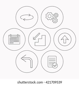 Arrows icons. Upload, repeat and shuffle linear signs. Turn left, downstairs arrow flat line icons. Check file, calendar and cogwheel icons. Vector