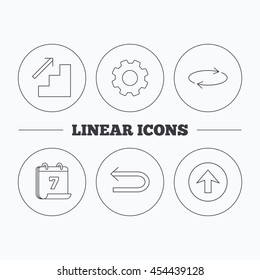 Arrows icons. Upload, repeat and shuffle linear signs. Upstairs, back arrow flat line icons. Flat cogwheel and calendar symbols. Linear icons in circle buttons. Vector