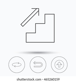 Arrows icons. Upload, repeat and shuffle linear signs. Upstairs, back arrow flat line icons. Linear icons in circle buttons. Flat web symbols. Vector