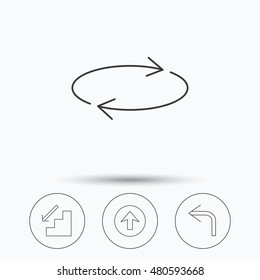 Arrows icons. Upload, repeat and shuffle linear signs. Turn left, downstairs arrow flat line icons. Linear icons in circle buttons. Flat web symbols. Vector