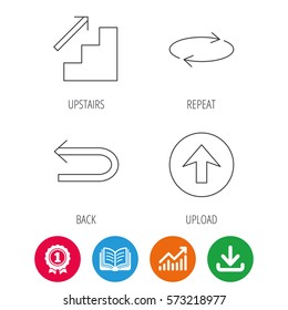Arrows icons. Upload, repeat and shuffle linear signs. Upstairs, back arrow flat line icons. Award medal, growth chart and opened book web icons. Download arrow. Vector