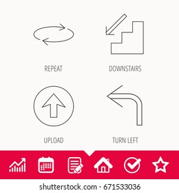 Arrows icons. Upload, repeat and shuffle linear signs. Turn left, downstairs arrow flat line icons. Edit document, Calendar and Graph chart signs. Star, Check and House web icons. Vector