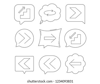 Arrows icons. Upstairs, downstairs and repeat linear signs. Next, back arrows flat line icons. Linear Speech bubbles with icons set. Comic chat balloon. Vector