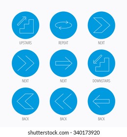 Arrows icons. Upstairs, downstairs and repeat linear signs. Next, back arrows flat line icons. Blue circle buttons set. Linear icons.