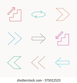 Arrows icons. Upstairs, downstairs and repeat linear signs. Next, back arrows flat line icons. Linear colored icons.