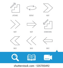 Arrows icons. Upstairs, downstairs and repeat linear signs. Next, back arrows flat line icons. Video cam, book and magnifier search icons. Vector