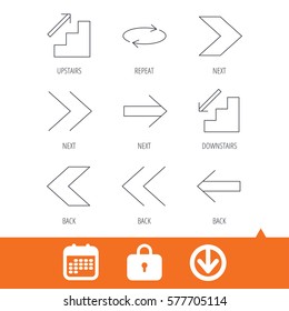 Arrows icons. Upstairs, downstairs and repeat linear signs. Next, back arrows flat line icons. Download arrow, locker and calendar web icons. Vector