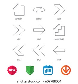 Arrows icons. Upstairs, downstairs and repeat linear signs. Next, back arrows flat line icons. New tag, shield and calendar web icons. Download arrow. Vector