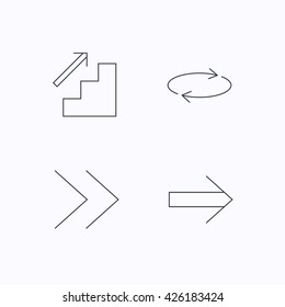 Arrows icons. Upstairs, next and repeat linear signs. Next arrow flat line icons. Flat linear icons on white background. Vector