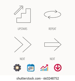 Arrows icons. Upstairs, next and repeat linear signs. Next arrow flat line icons. Calendar, Graph chart and Cogwheel signs. Download colored web icon. Vector