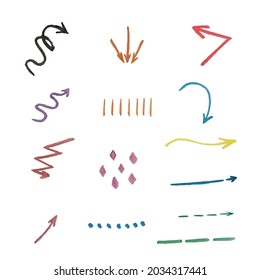 Arrows icons vector hand drawn editable set. Arrow sketch handmade doodle swipe up symbol sign isolated on white background.Set of watercolor arrows