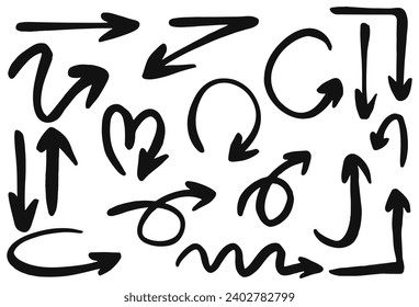  Arrows icons vector hand drawn editable set. Simple logo vector design illustration image. Arrow sketch handmade doodle swipe up symbol sign isolated on white background.