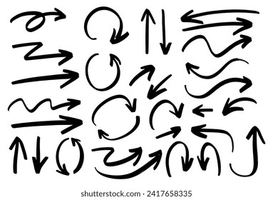  Arrows icons vector hand drawn editable set. Simple logo vector design illustration image. Arrow sketch handmade doodle swipe up symbol sign isolated on white background.