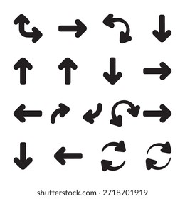 Las flechas incluyen diseños rectos y curvos, que indican varios movimientos como rotaciones arriba, abajo, izquierda, derecha y circulares. 