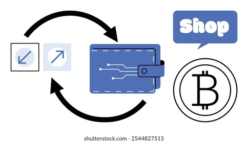 Las flechas indican el intercambio, la conexión de una billetera digital y el símbolo de Bitcoin con un letrero de la tienda. Ideal para compras en línea, transacciones de criptomonedas, finanzas digitales, fintech y comercio electrónico