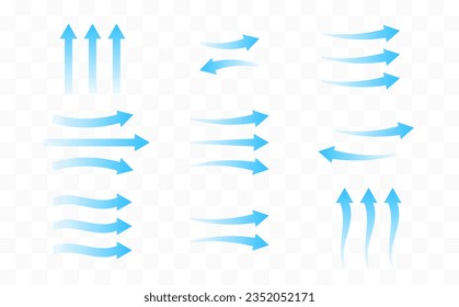 Flechas que indican la dirección del aire fresco. Iconos del vector