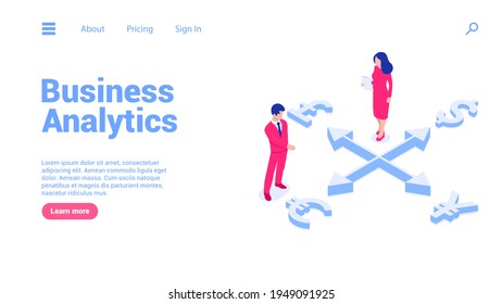 Pfeile, die Anweisungen zu verschiedenen Währungen anzeigen. Business Analytics Konzept. Landing Page oder Web Banner Vorlage. Dollar, Euro, Yen, Pfund, Menschen. Vektorgrafik im isometrischen Stil.
