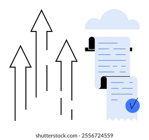 Arrows indicating growth and cloud-based document management with a checklist and cloud icon. Ideal for technology, productivity, business growth, cloud computing, and digital documentation themes