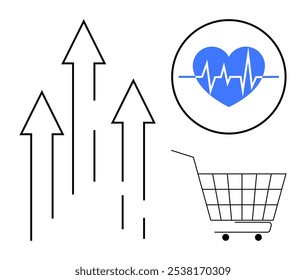 Flechas que indican el crecimiento junto a un corazón azul con una línea de latidos del corazón y un Carrito de compras. Ideal para atención médica, negocios, tendencias del mercado, comercio, compras en línea. Estilo limpio simple