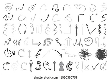 Arrows. Infographic elements on white background. Black symbols for design. Hand drawn simple arrow. Line art. Set of different signs. Doodles for work. Art creation