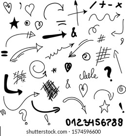 Arrows. Infographic elements on white background. Black symbols for design. Hand drawn simple signs. Line art. Set of different doodles for work