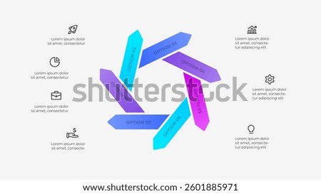Arrows infographic featuring a circular arrangement of 7 sections labeled with options and icons illustrating various concepts. Ideal for business presentations