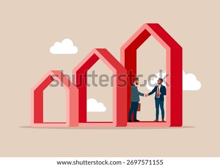 Arrows up and inside businessmen shaking hand. Real estate, investment, construction, mortgage. Business trading growth. market chart profit money. Business investment. Vector flat illustration