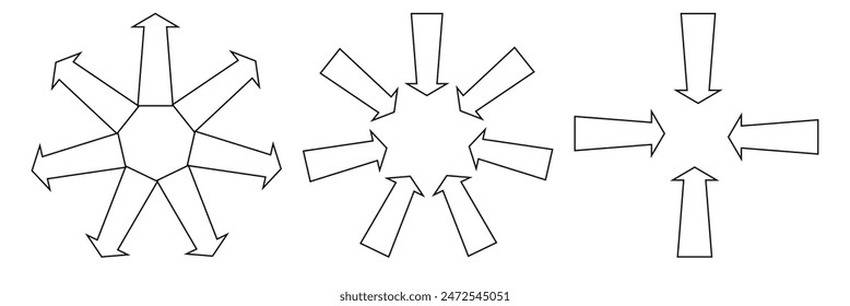 Arrows inward outward. Pointer arrow icon. Line emblem. Navigation pointer. Vector illustration. Inward arrow vector .