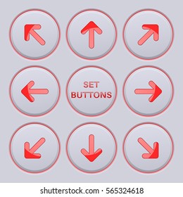 Arrows key pad. Red icons on gray buttons. Vector 3d illustration .
