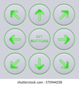 Arrows key set. Green icons on gray buttons. Vector 3d illustration