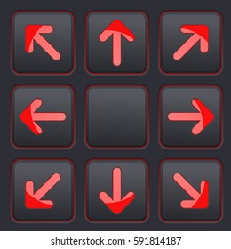 Arrows key set. Red icons on black buttons. Vector 3d illustration 