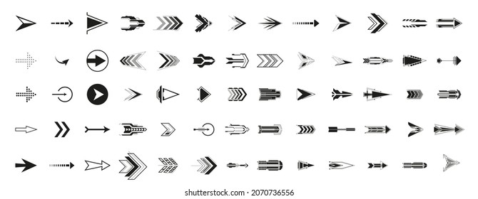 Arrows are a large black set of icons. Arrow icon. Collection of vector arrows.  Futuristic interface hud design elements.  Vector illustration isolated pointer signs set